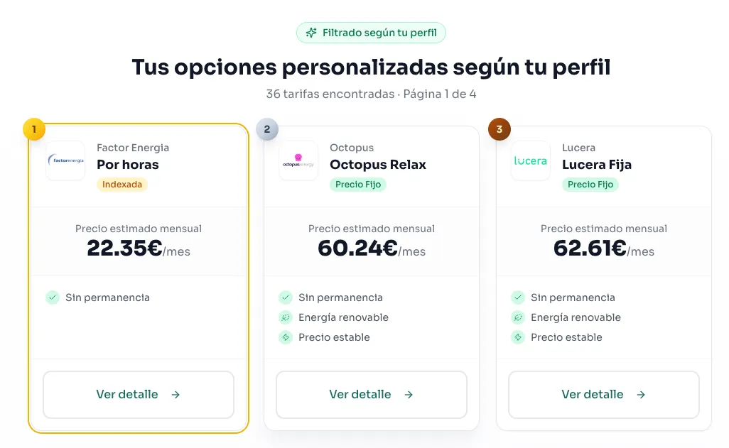 MacadamIA tariff comparator showing ranked energy plans with savings calculations